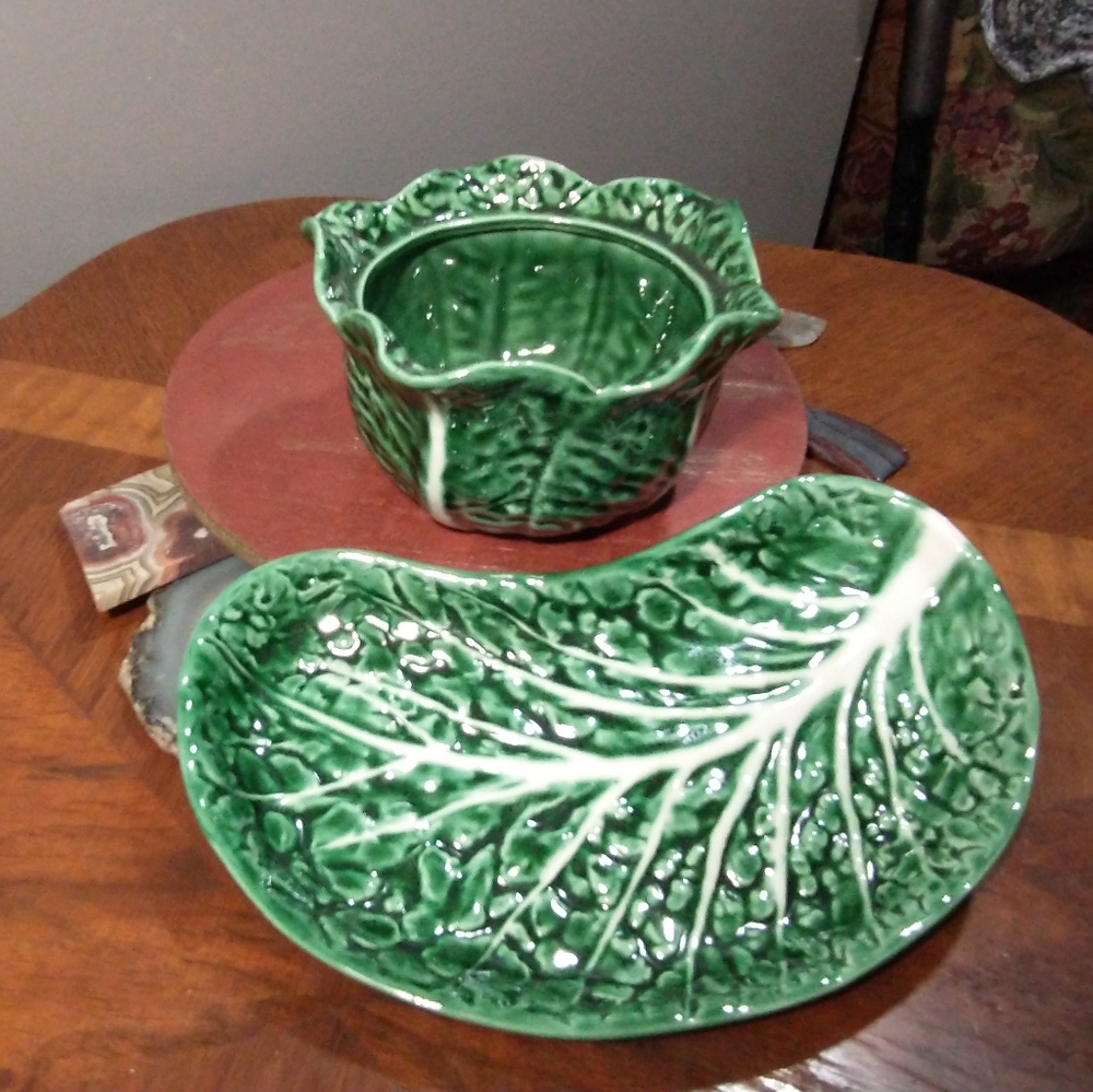 SOLD     Portugal Secla Pottery Cabbage Leaf Dip Bowl & Serving Dish Vintage